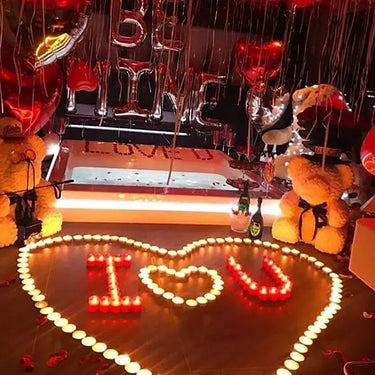 Beautiful Love Decor, Balloons, Teddy Bears, T-Light Heart Arrangement, Red Roses Bouquet